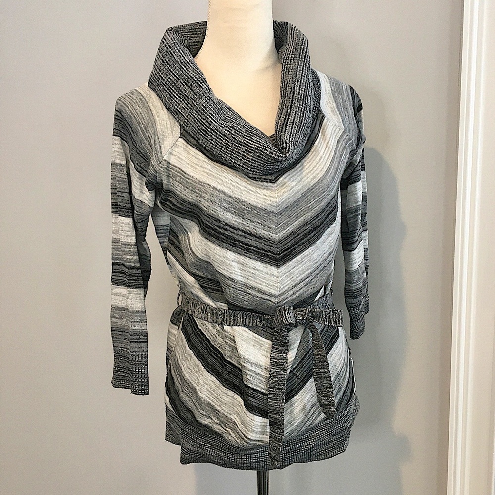 AB Studio Chevron Striped Cowl Neck Sweater with 3/4 Length Sleeves